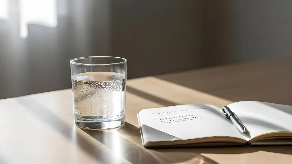 A clear glass of water beside an open notebook on a wooden desk
